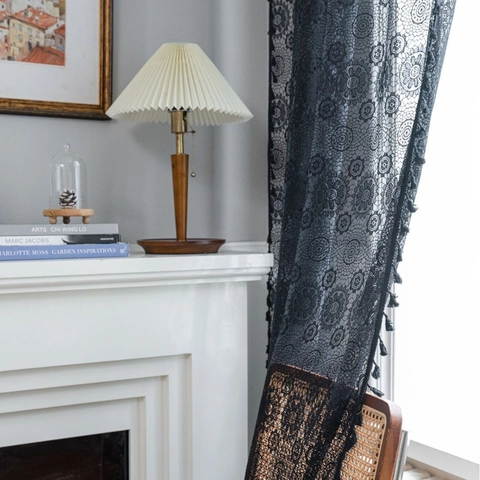 Cortina de Encaje Jacquard Calado Vintage Estilo Campo Americano Con Borlas Cortinas de Ganchillo Traslúcidas Para Hogar