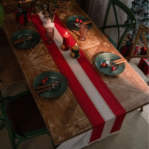Camino de Mesa de Algodón Lino Yute Tejido Con Borlas Diseño Geométrico a Rayas Para Comedor Boda Navidad Decoración