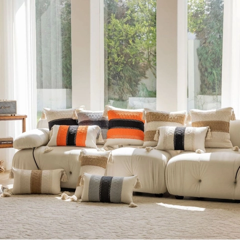 Federa per Cuscino Decorativa Boho Intrecciata con Nappe Motivo Geometrico Jacquard per Divano Soggiorno Casa