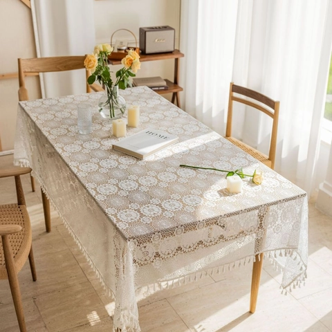 Pastoral Vintage Crochet Hollow Out Tablecloth Rectangular Woven Lace Table Cloth With Tassels For Dining Room Home Decor