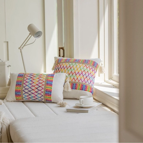 Funda de Cojín con Bordado Geométrico Bohemio con Borlas Aspecto de Algodón y Lino Funda de Almohada Decorativa Para Sofá Hogar