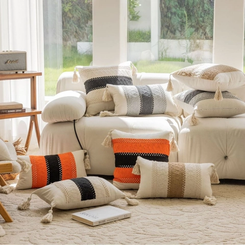 Federa per Cuscino Decorativa Boho Intrecciata con Nappe Motivo Geometrico Jacquard per Divano Soggiorno Casa