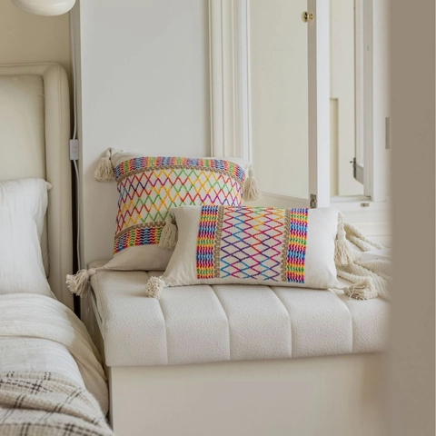 Funda de Cojín con Bordado Geométrico Bohemio con Borlas Aspecto de Algodón y Lino Funda de Almohada Decorativa Para Sofá Hogar