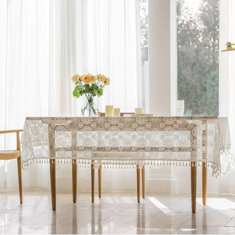 Pastoral Vintage Crochet Hollow Out Tablecloth Rectangular Woven Lace Table Cloth With Tassels For Dining Room Home Decor