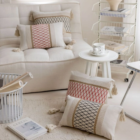 Boheems Geometrische Ruit Borduurwerk Kussenhoes Met Kwastjes Katoenmix Decoratieve Kussensloop Voor Sofa Huis Decoratie