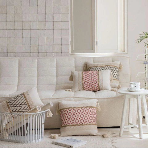 Boheems Geometrische Ruit Borduurwerk Kussenhoes Met Kwastjes Katoenmix Decoratieve Kussensloop Voor Sofa Huis Decoratie