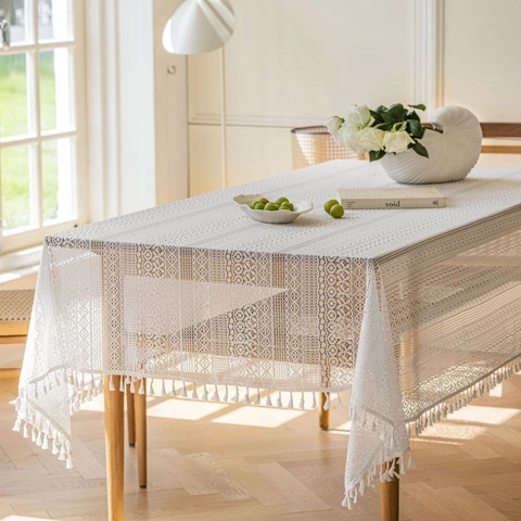 Vintage Häkel Spitzen Tischdecke Mit Fransen Rechteckige Hohl Blumen Tischdecke Für Esstisch Haus Deko Requisite