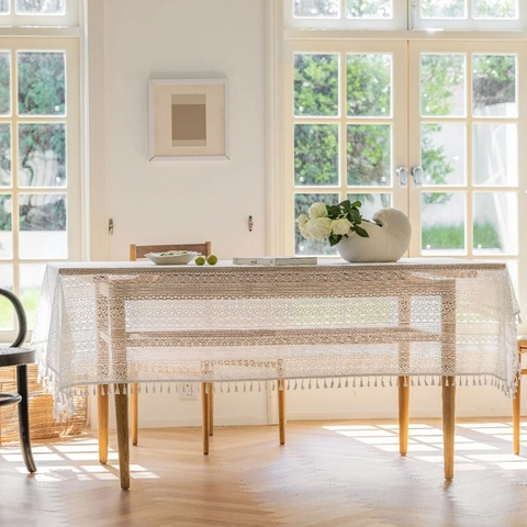 Vintage Häkel Spitzen Tischdecke Mit Fransen Rechteckige Hohl Blumen Tischdecke Für Esstisch Haus Deko Requisite