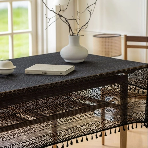 Polyester Crochet Lace Tablecloth With Tassels American Style Vintage Hollow Out Rectangular Table Cover For Dining Table Decor