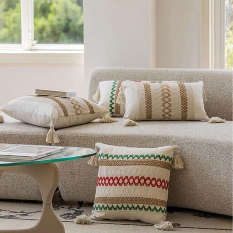 Fodera per Cuscino in Poliestere Bohemien Con Nappine Jacquard Geometrico Copricuscino Decorativo per Divano Soggiorno Casa