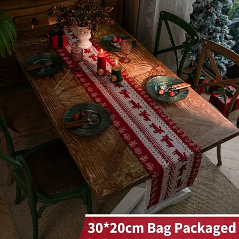 Camino de Mesa Navideño Jacquard Patrón Reno Gnomo Copo de Nieve Poliéster Algodón Decoración Festiva para Mesa de Comedor