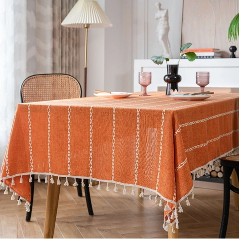 Rectangular Polyester Tablecloth With Geometric Embroidery And Tassel Edges Bohemian Modern Style Washable Dining Table Cover