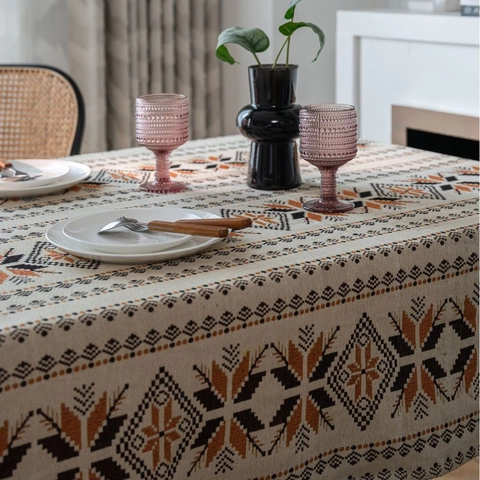 Nappe Jacquard Américaine Vintage en Polyester Coton Nappe Bohème avec Motif Floral Géométrique et Glands pour Table à Manger Décoration de Maison