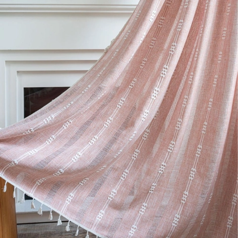 American Vintage Polyester Striped Embroidered Valance Curtain Hollow Out Semi-Shading Window Treatment With Tassels