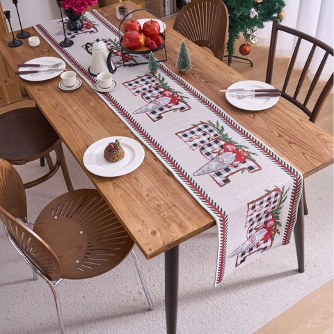 Chemin de Table Noël Jacquard Polyester Coton Gnome Lettres Carreaux Buffalo Décoration Table à Manger Fête Linge de Cuisine