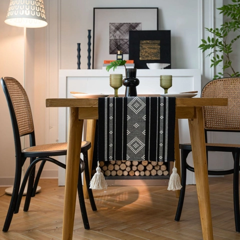 Bohemian Geometric Jacquard Woven Table Runner With Tassels Polyester Modern Nordic Style For Home Dining Table Decor