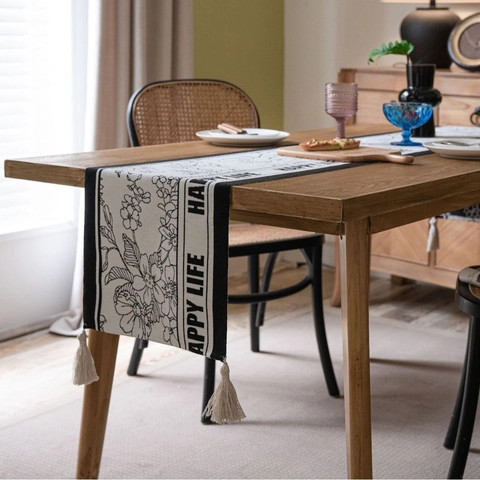 Runner da Tavolo Jacquard Floreale Con Nappine Fibra Sintetica Stile Americano Tovaglia Decorativa per Sala da Pranzo Casa