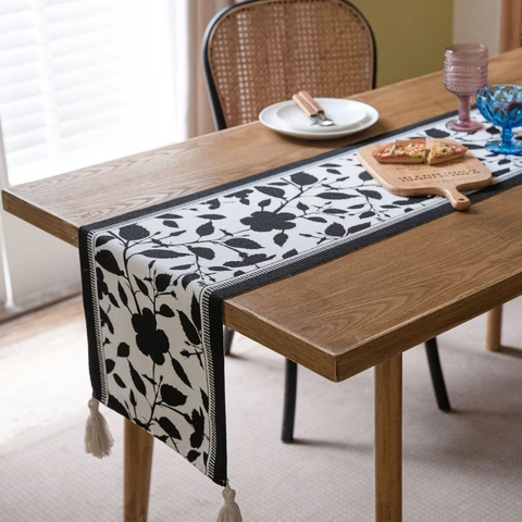Runner da Tavolo Jacquard Floreale Con Nappine Fibra Sintetica Stile Americano Tovaglia Decorativa per Sala da Pranzo Casa