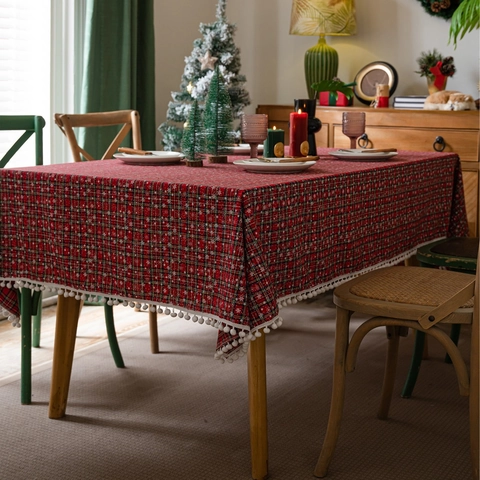 Kerst Tafelkleed Geruit Met Sneeuwvlok Patroon Pom-pom Afwerking Amerikaans Retro Polyester Katoen Garengeverfde Tafelkleed Voor Kerstmis Decoratie