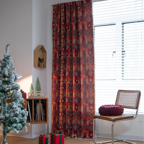 Bohemian American Style Jacquard Curtains With Tassels Geometric Floral Pumpkin Pattern Door Curtains For Living Room