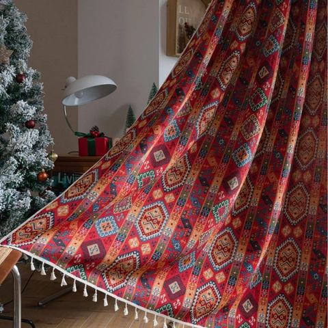 Bohemian American Style Jacquard Curtains With Tassels Geometric Floral Pumpkin Pattern Door Curtains For Living Room