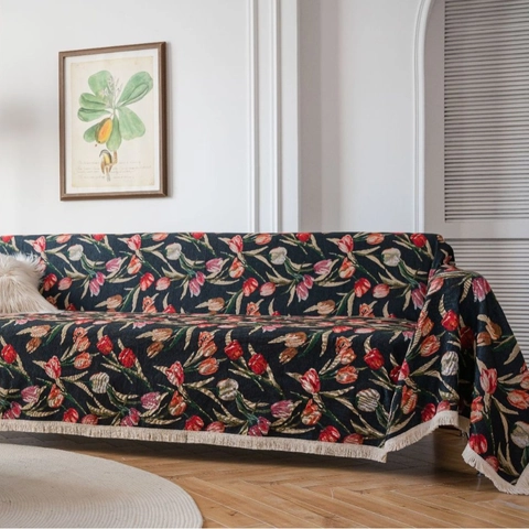 Copridivano Vintage Country Americano Jacquard a Fiori di Tulipano Con Nappine Misto Cotone Spesso Decorativo