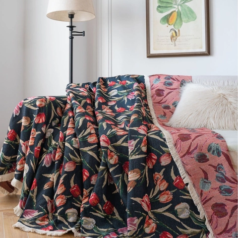 Copridivano Vintage Country Americano Jacquard a Fiori di Tulipano Con Nappine Misto Cotone Spesso Decorativo