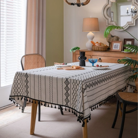 Nappe Bohème en Coton et Lin Rectangulaire Imprimé Géométrique Antipoussière avec Gland pour Décoration de Salle à Manger