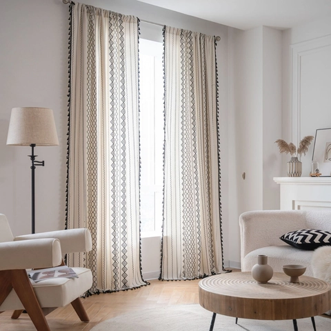 Bohemian Cotton Linen Window Curtain With Geometric Print And Tassels Semi Shading Rod Pocket Hook Grommet Drape For Home Decor