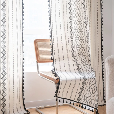 Bohemian Cotton Linen Window Curtain With Geometric Print And Tassels Semi Shading Rod Pocket Hook Grommet Drape For Home Decor