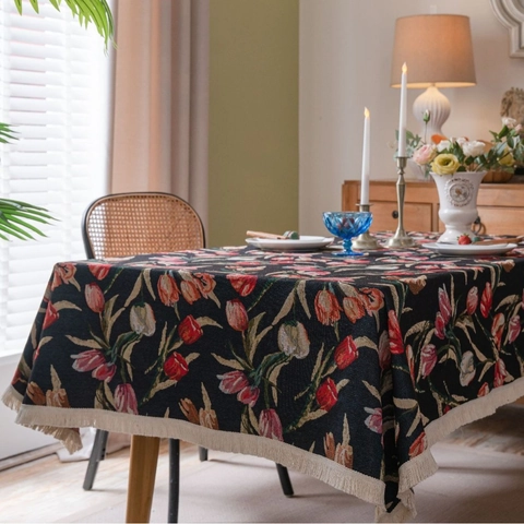 Vintage Amerikanische Tulpe Jacquard Tischdecke Mit Quasten Rechteckig Böhmisch Mischgewebe Esstischbezug Heim Küche Dekor
