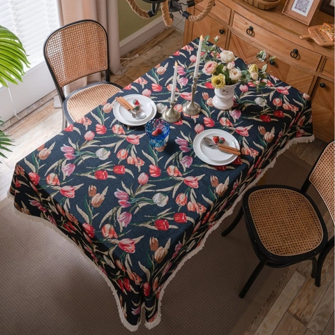 Vintage Amerikanische Tulpe Jacquard Tischdecke Mit Quasten Rechteckig Böhmisch Mischgewebe Esstischbezug Heim Küche Dekor