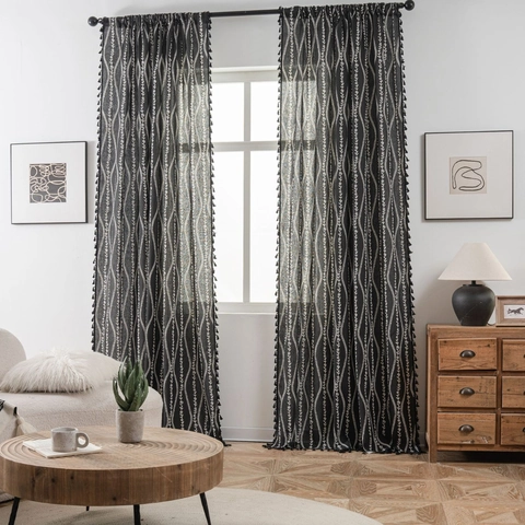 Tenda Moderna Minimalista in Cotone Nero Stampata Con Motivo Floreale a Onde Bianche Elegante Tenda Con Nappe Nere per Soggiorno