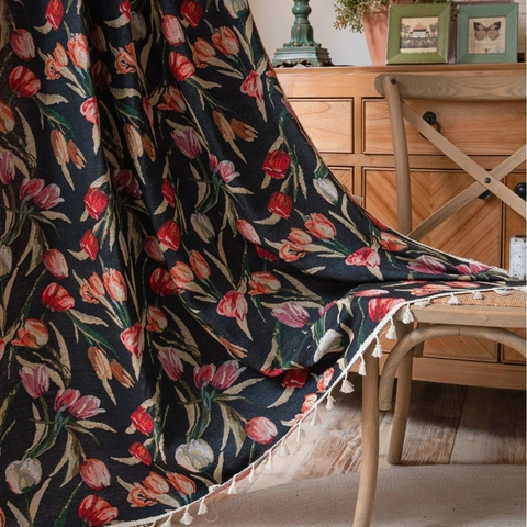 Vintage American Jacquard Tulip Floral Door Curtains With Tassel Fringe Semi Blackout Polyester Cotton Kitchen Window Curtains