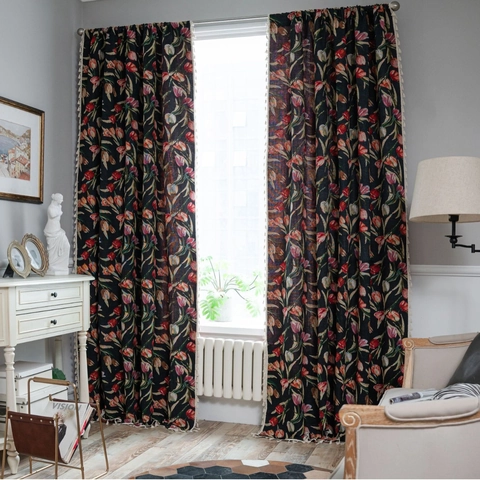 Vintage American Jacquard Tulip Floral Door Curtains With Tassel Fringe Semi Blackout Polyester Cotton Kitchen Window Curtains