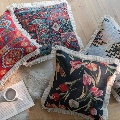 Jacquard Deko-Kissenbezug Mit Fransen Böhmisch Vintage Floral Geometrisch Kissenhülle Für Sofa Home Decor