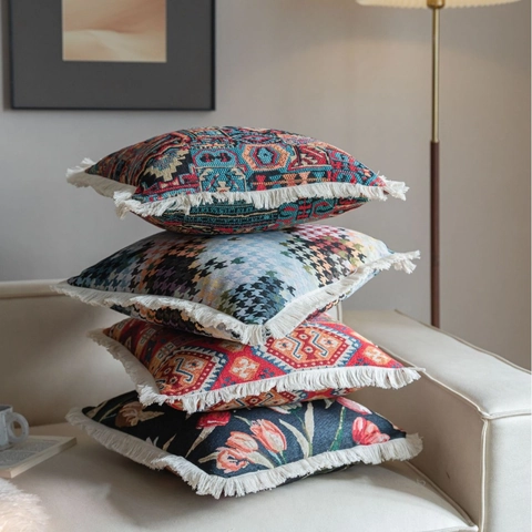 Jacquard Deko-Kissenbezug Mit Fransen Böhmisch Vintage Floral Geometrisch Kissenhülle Für Sofa Home Decor