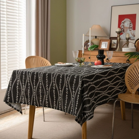 Nappe en Coton et Lin Noir Géométrique Floral Imprimé Rectangulaire Couverture Table à Manger Pour Maison Cuisine Décoration Anti-poussière Lavable
