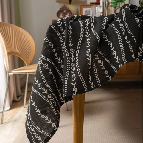 Nappe en Coton et Lin Noir Géométrique Floral Imprimé Rectangulaire Couverture Table à Manger Pour Maison Cuisine Décoration Anti-poussière Lavable