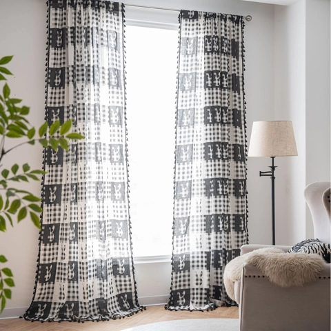 Modern Black White Plaid Rabbit Print Cotton Curtains With Tassel Edge Semi Shading Window Drapes For Kitchen Living Room