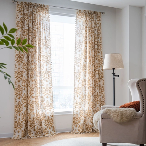 Vintage American Style Cotton Damascus Printed Window Curtain With Tassels Semi Blackout Decorative Drape For Living Room