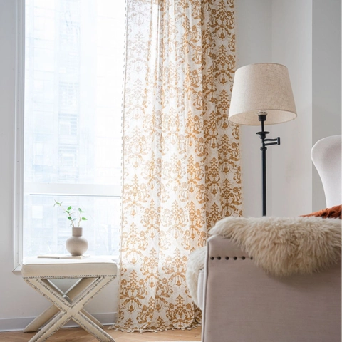 Vintage American Style Cotton Damascus Printed Window Curtain With Tassels Semi Blackout Decorative Drape For Living Room