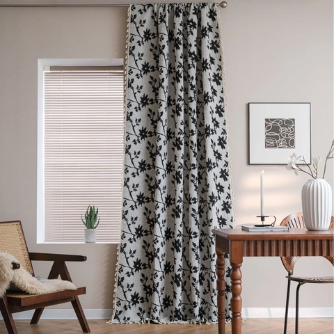Tende Confezionate a Fiori di Rosa Jacquard Moderne Minimaliste Con Nappine Semi-Oscuranti in Cotone Poliestere per Soggiorno Camera da Letto Cucina