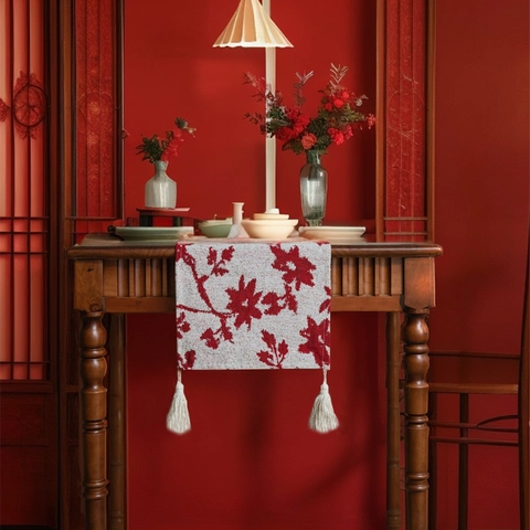 Jacquard Floral Table Runner With Tassels Nordic Polyester Cotton Table Runner For Dining Room Wedding Party Decor