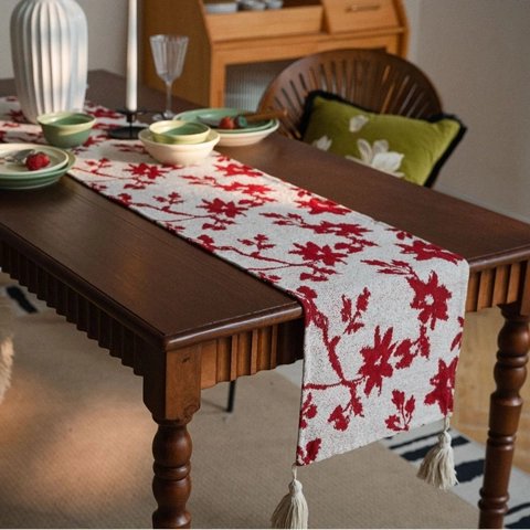 Jacquard Floral Table Runner With Tassels Nordic Polyester Cotton Table Runner For Dining Room Wedding Party Decor