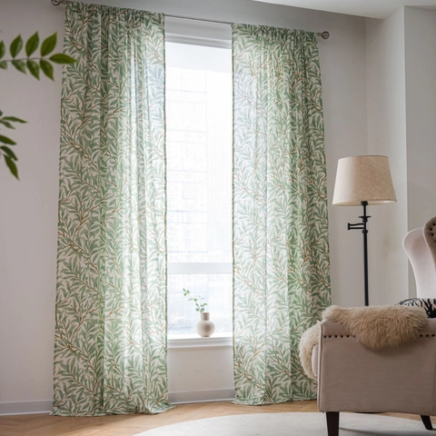 Pastoral Green Willow Leaf Printed Cotton Curtain Semi Blackout Nature Botanical Window Treatment For Living Room Kitchen Home Decor