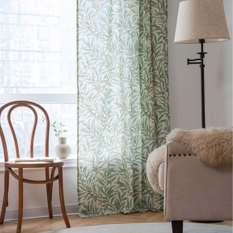 Pastoral Green Willow Leaf Printed Cotton Curtain Semi Blackout Nature Botanical Window Treatment For Living Room Kitchen Home Decor