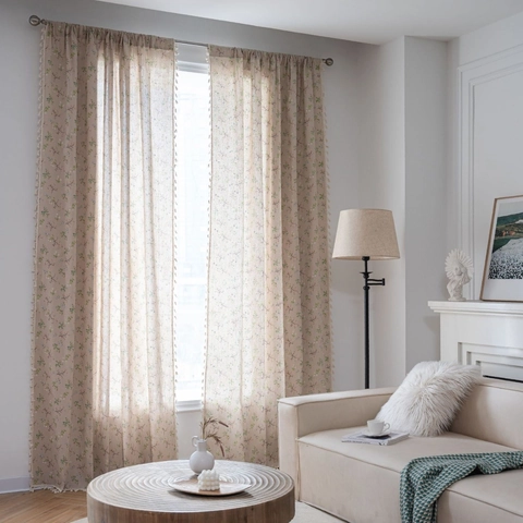 Tende Pastorali Moderne in Cotone Con Stampa Floreale E Nappine Beige Tende Semi Oscuranti Per Soggiorno Cucina Decorazione Casa