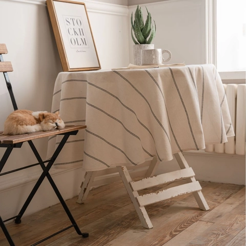 American Style Striped Cotton Tablecloth Round Nordic Minimalist Dustproof Decorative Table Cover For Home Dining Coffee Table