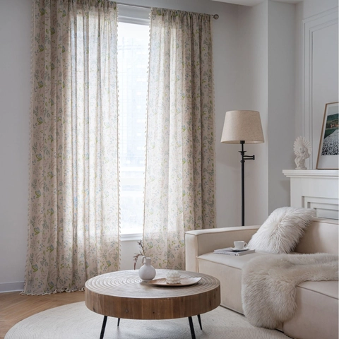 Pastoral Cotton Floral Print Window Curtain With Tassels Semi Shading Sheer Drape For Living Room Kitchen Bedroom Decor